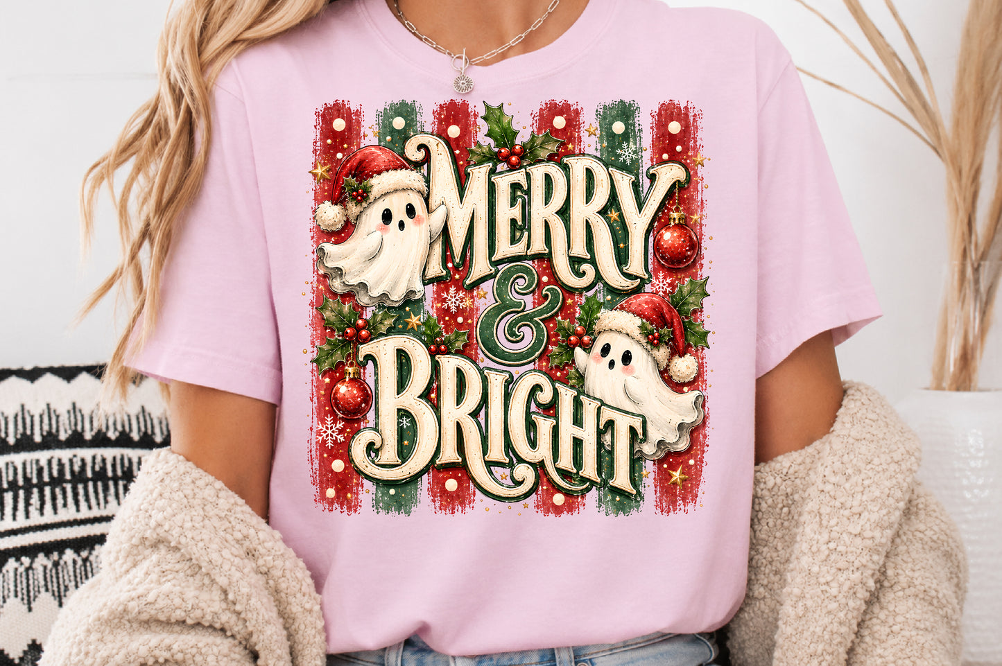 Merry and Bright Ghost Christmas PNG Cute Santa Ghost Holiday Sublimation