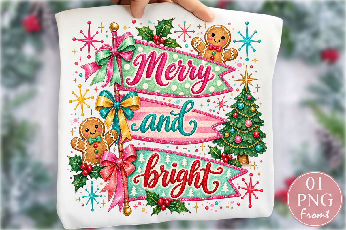 Merry and Bright Christmas PNG Retro Holiday Banner Sublimation Design