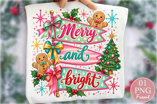Merry and Bright Christmas PNG Retro Holiday Banner Sublimation Design