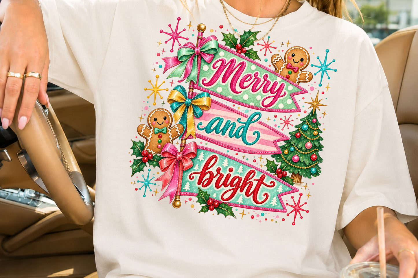 Merry and Bright Christmas PNG Retro Holiday Banner Sublimation Design