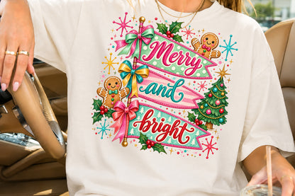 Merry and Bright Christmas PNG Retro Holiday Banner Sublimation Design