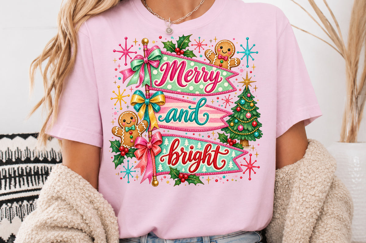Merry and Bright Christmas PNG Retro Holiday Banner Sublimation Design