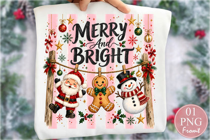 Merry and Bright Christmas PNG Santa Gingerbread Snowman Sublimation