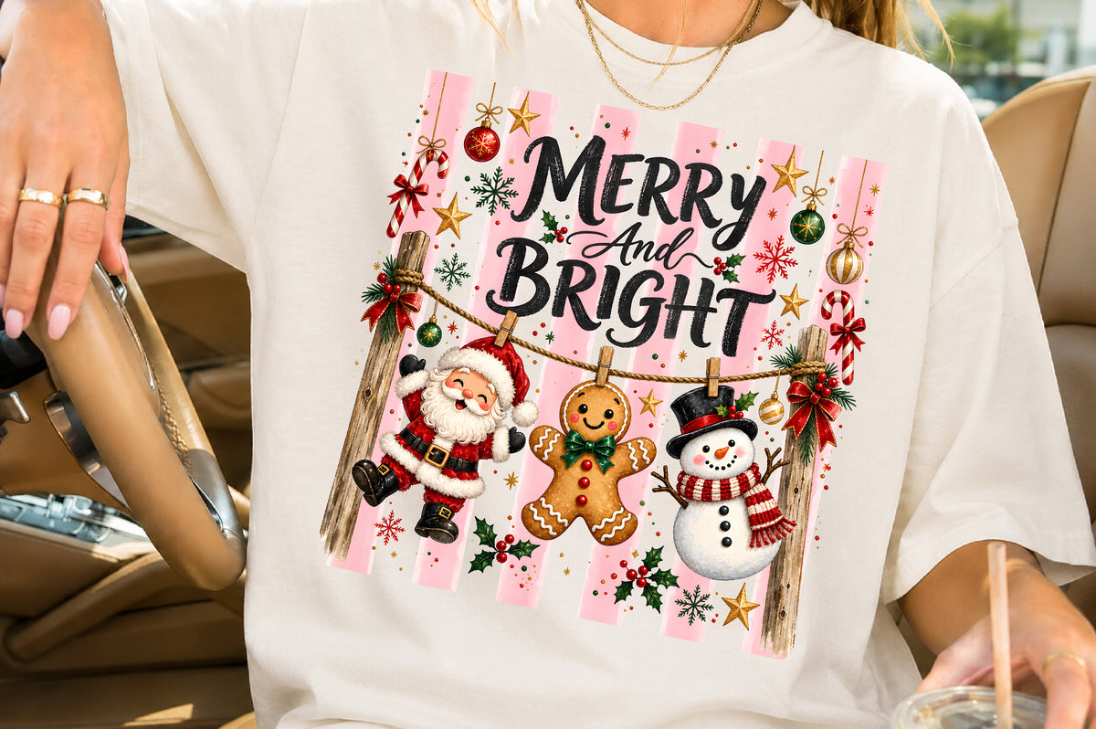Merry and Bright Christmas PNG Santa Gingerbread Snowman Sublimation