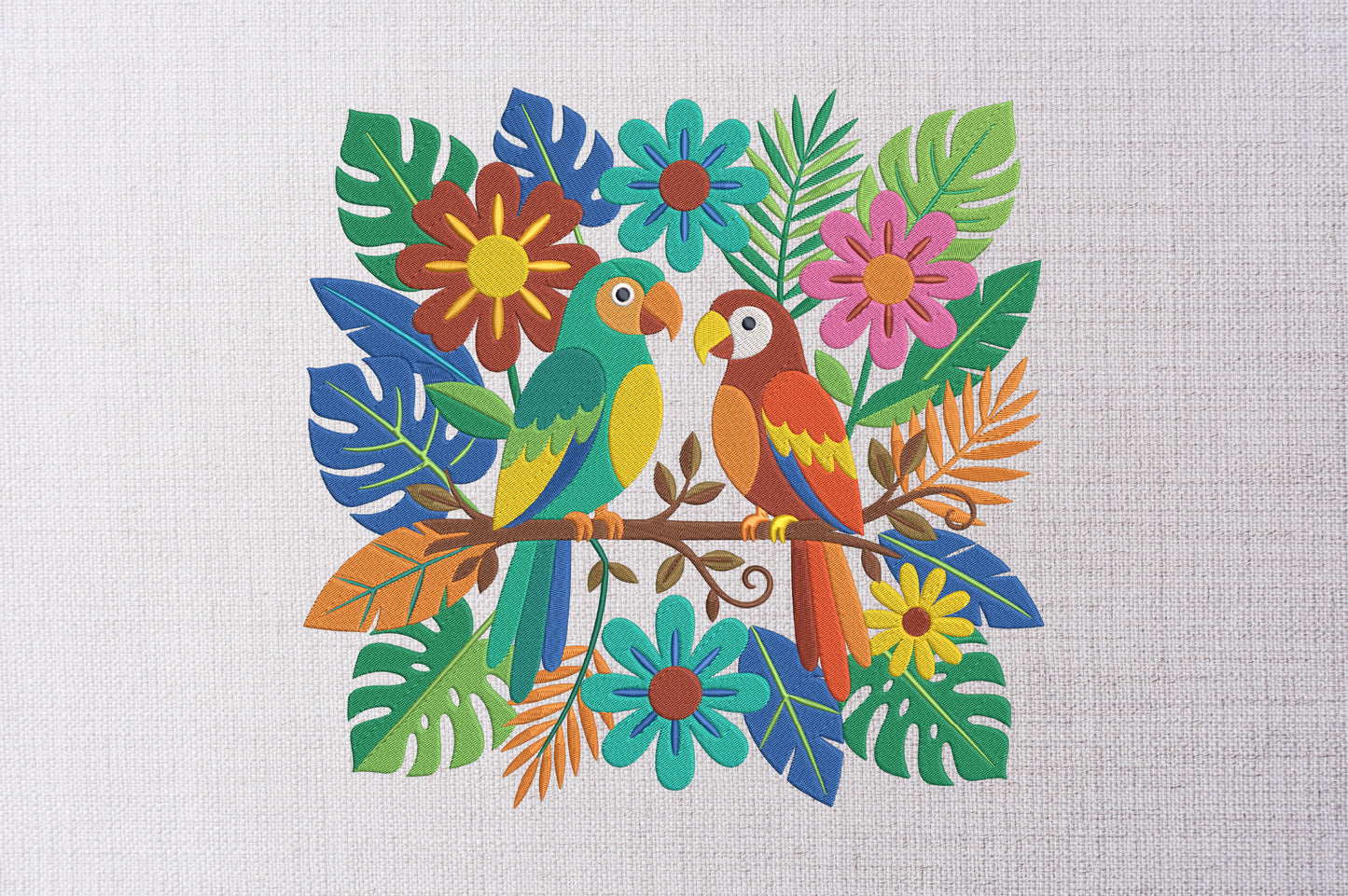 Mexican Otomi Birds Embroidery Design, Colorful Folk Art Parrot Machine Embroidery Pattern, Tropical Floral Bird Embroidery Design