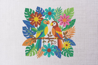 Mexican Otomi Birds Embroidery Design, Colorful Folk Art Parrot Machine Embroidery Pattern, Tropical Floral Bird Embroidery Design