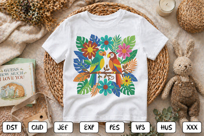 Mexican Otomi Birds Embroidery Design, Colorful Folk Art Parrot Machine Embroidery Pattern, Tropical Floral Bird Embroidery Design