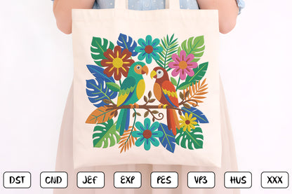 Mexican Otomi Birds Embroidery Design, Colorful Folk Art Parrot Machine Embroidery Pattern, Tropical Floral Bird Embroidery Design