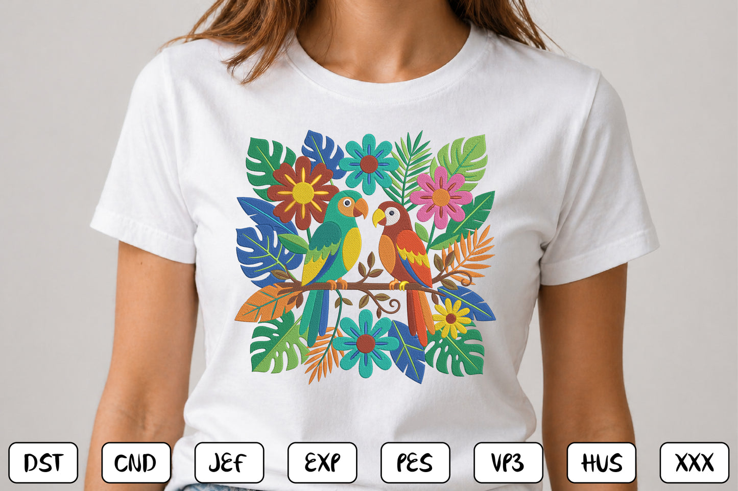Mexican Otomi Birds Embroidery Design, Colorful Folk Art Parrot Machine Embroidery Pattern, Tropical Floral Bird Embroidery Design