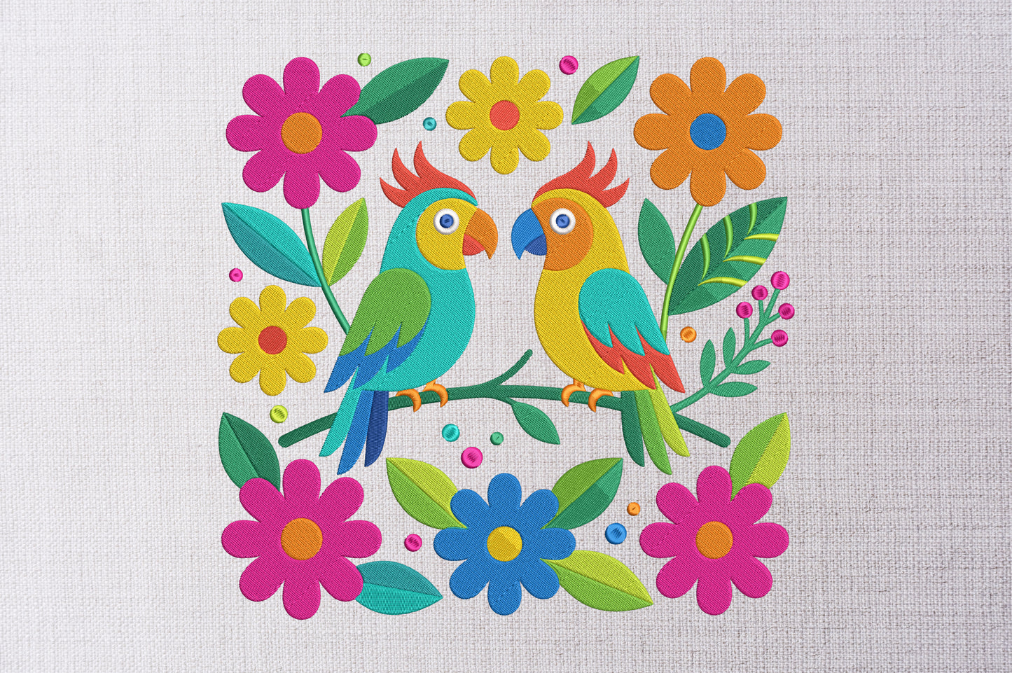 Mexican Otomi Embroidery Design – Colorful Traditional Mexican Folk Art Birds, Floral Flowers & Tropical Leaves Machine Embroidery