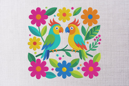 Mexican Otomi Embroidery Design – Colorful Traditional Mexican Folk Art Birds, Floral Flowers & Tropical Leaves Machine Embroidery