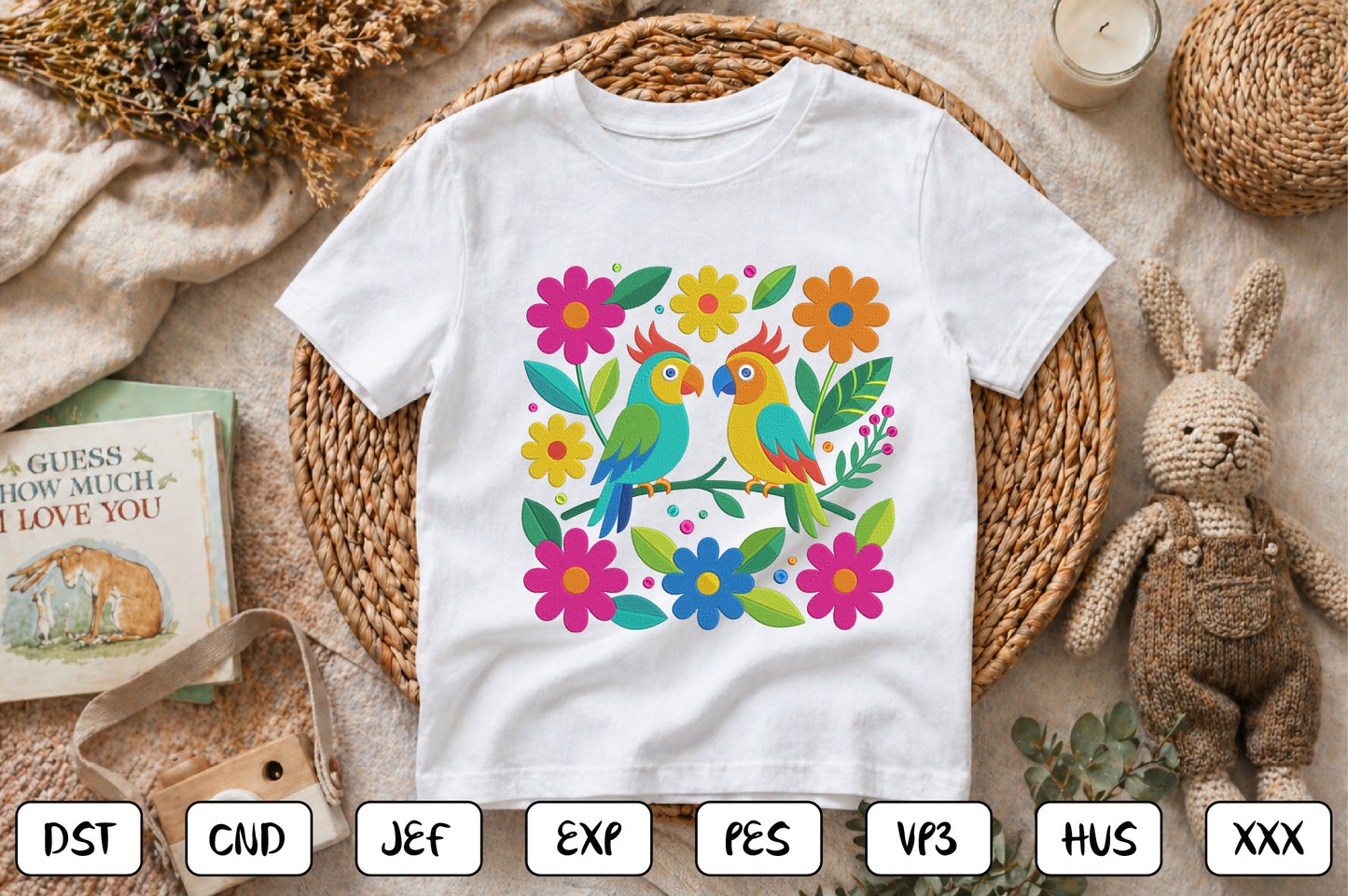 Mexican Otomi Embroidery Design – Colorful Traditional Mexican Folk Art Birds, Floral Flowers & Tropical Leaves Machine Embroidery