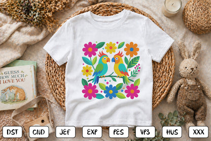 Mexican Otomi Embroidery Design – Colorful Traditional Mexican Folk Art Birds, Floral Flowers & Tropical Leaves Machine Embroidery