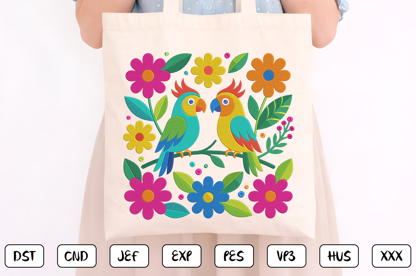 Mexican Otomi Embroidery Design – Colorful Traditional Mexican Folk Art Birds, Floral Flowers & Tropical Leaves Machine Embroidery