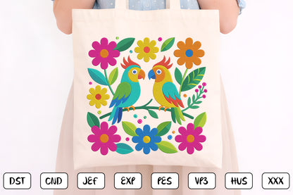 Mexican Otomi Embroidery Design – Colorful Traditional Mexican Folk Art Birds, Floral Flowers & Tropical Leaves Machine Embroidery
