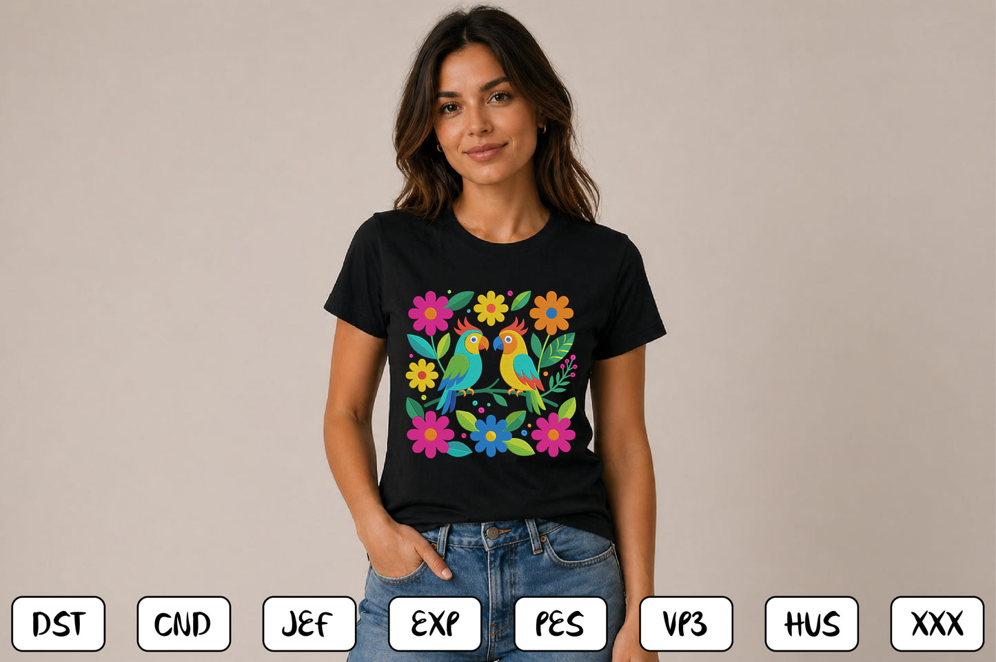 Mexican Otomi Embroidery Design – Colorful Traditional Mexican Folk Art Birds, Floral Flowers & Tropical Leaves Machine Embroidery