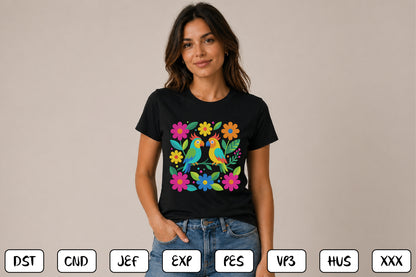 Mexican Otomi Embroidery Design – Colorful Traditional Mexican Folk Art Birds, Floral Flowers & Tropical Leaves Machine Embroidery