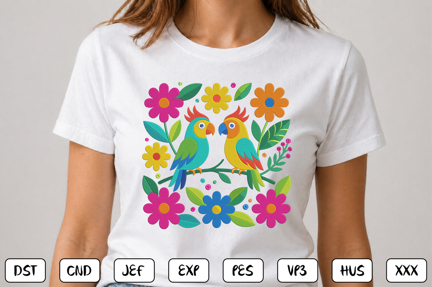 Mexican Otomi Embroidery Design – Colorful Traditional Mexican Folk Art Birds, Floral Flowers & Tropical Leaves Machine Embroidery