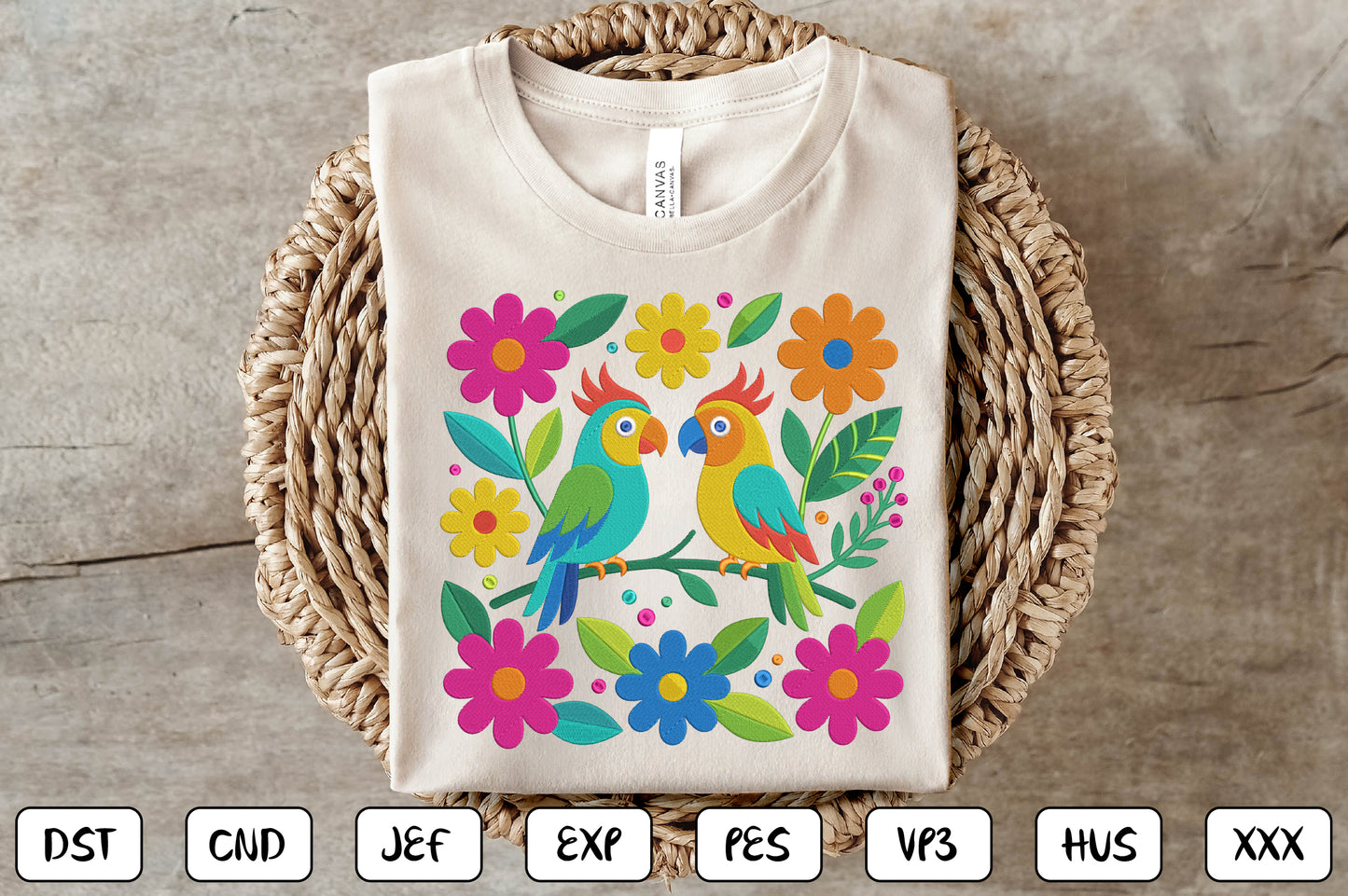 Mexican Otomi Embroidery Design – Colorful Traditional Mexican Folk Art Birds, Floral Flowers & Tropical Leaves Machine Embroidery