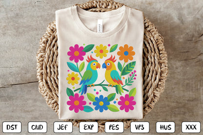 Mexican Otomi Embroidery Design – Colorful Traditional Mexican Folk Art Birds, Floral Flowers & Tropical Leaves Machine Embroidery