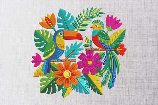 Mexican Toucan Embroidery Design – Colorful Tropical Bird & Floral Mexican Folk Art Machine Embroidery