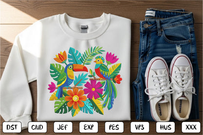 Mexican Toucan Embroidery Design – Colorful Tropical Bird & Floral Mexican Folk Art Machine Embroidery
