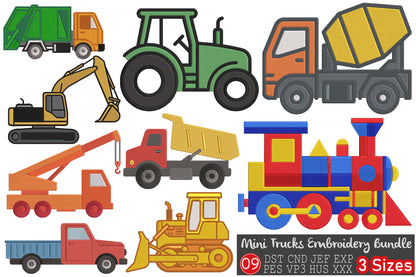 Mini Trucks Embroidery Bundle, Construction Vehicles Machine Embroidery Designs, Dump Truck Tractor Excavator Fire Truck Train Embroidery