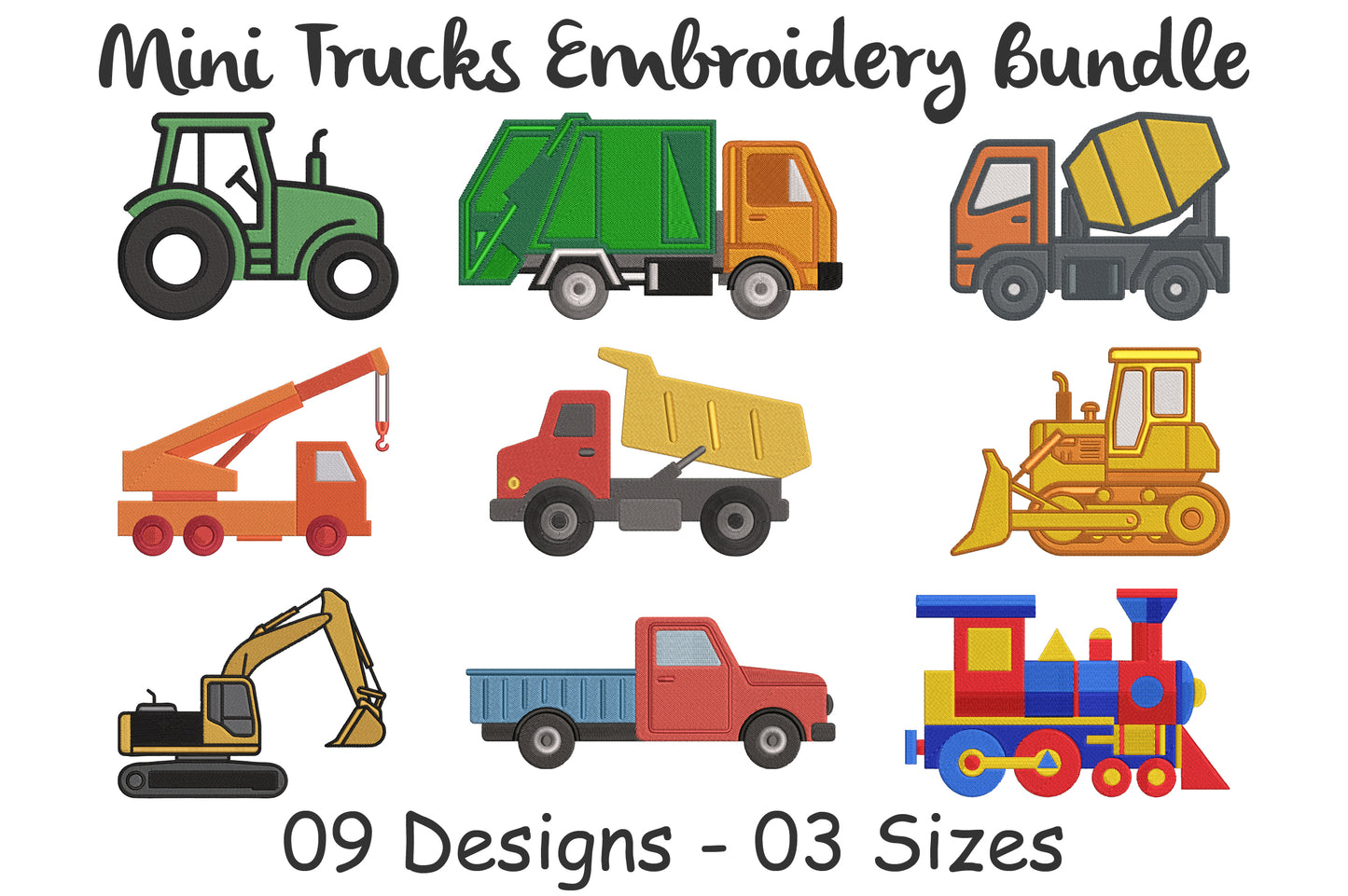 Mini Trucks Embroidery Bundle, Construction Vehicles Machine Embroidery Designs, Dump Truck Tractor Excavator Fire Truck Train Embroidery