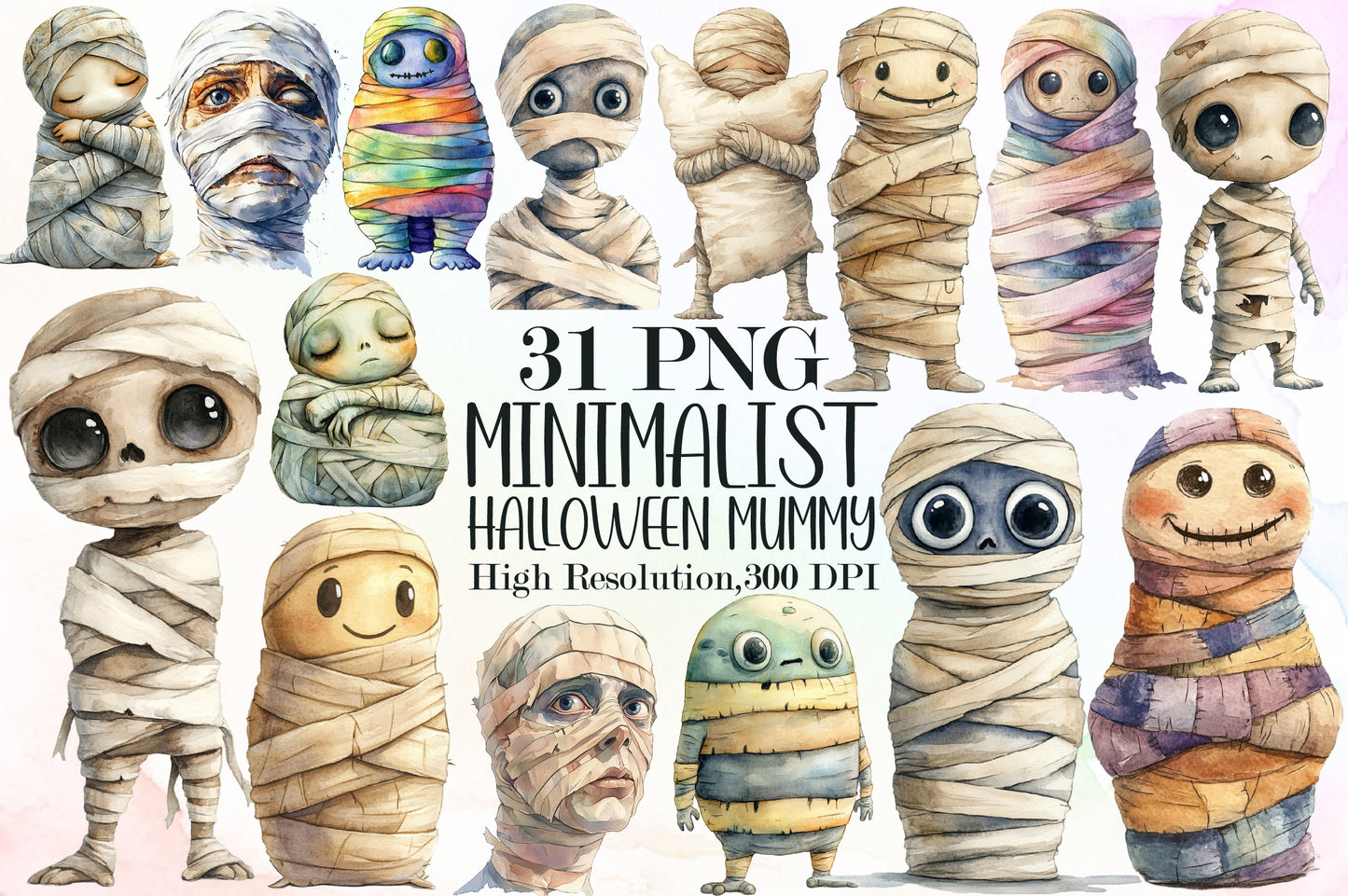 Minimalist Halloween Mummy Clipart Cute Spooky PNG Bundle