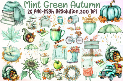 Mint Green Autumn PNG Bundle Fall Clipart Collection