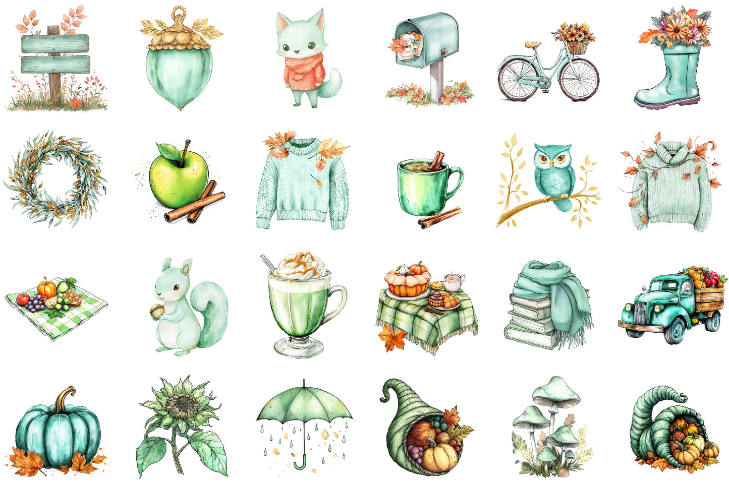 Mint Green Autumn PNG Bundle Fall Clipart Collection