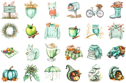 Mint Green Autumn PNG Bundle Fall Clipart Collection
