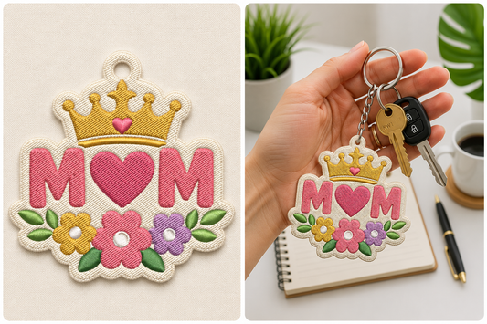 Mom Keychain Embroidery Design – Cute Mother Machine Embroidery Pattern, Mom Key Fob & Bag Charm Embroidery Design