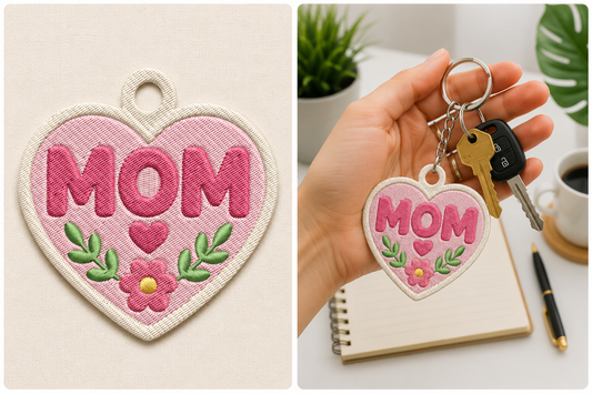 Mom Heart Keychain Embroidery Design – Cute Mom Love Machine Embroidery Pattern, Mother Key Fob & Heart Bag Charm Embroidery Design