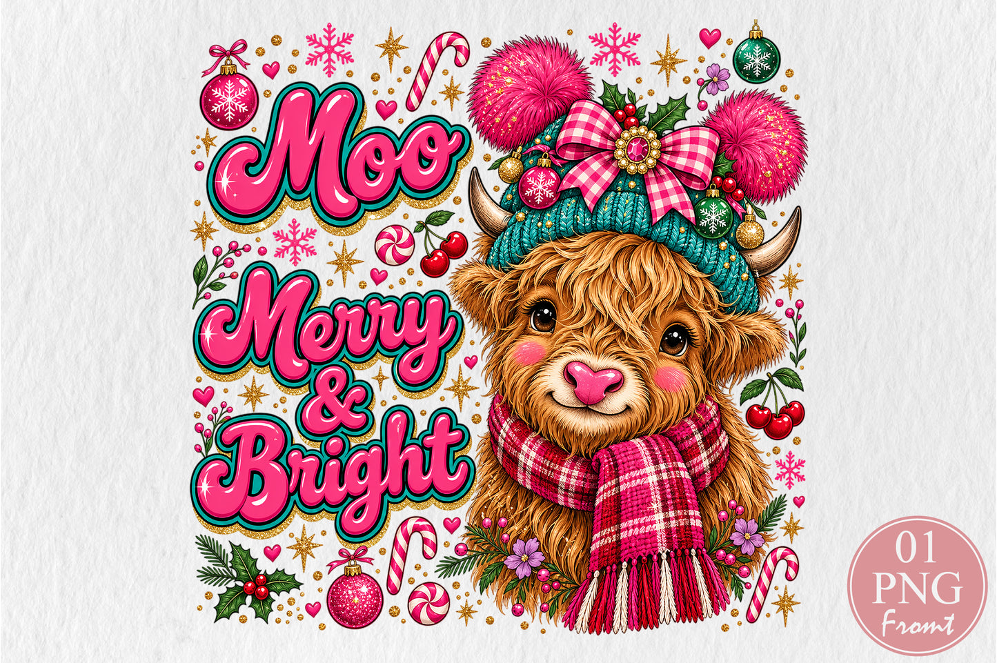 Moo Merry & Bright Highland Cow PNG Christmas Sublimation Design