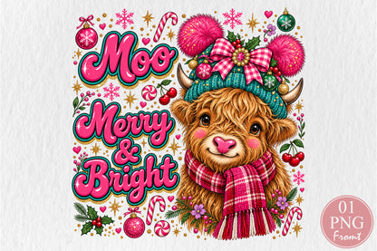 Moo Merry & Bright Highland Cow PNG Christmas Sublimation Design