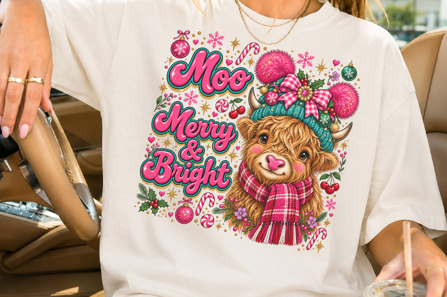 Moo Merry & Bright Highland Cow PNG Christmas Sublimation Design