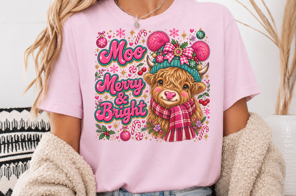 Moo Merry & Bright Highland Cow PNG Christmas Sublimation Design