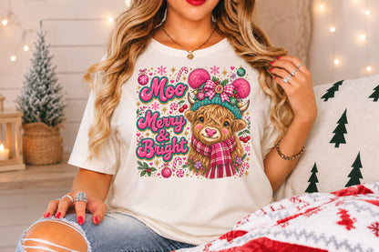 Moo Merry & Bright Highland Cow PNG Christmas Sublimation Design