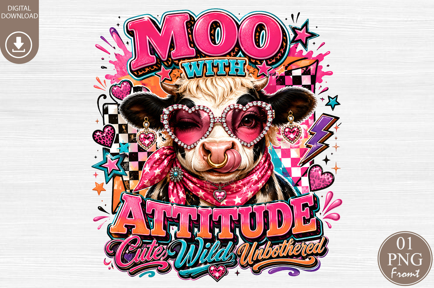 Moo With Attitude PNG Sassy Cow Cute Wild Cowgirl Sublimation