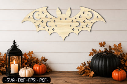 Moon Stars Bat SVG | Halloween Bat Laser Cut SVG