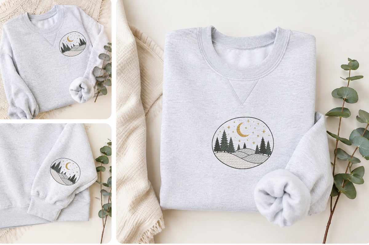 Moonlit Winter Embroidery Design – Beautiful Winter Moon Machine Embroidery Pattern, Snowy Night & Nature Embroidery Design