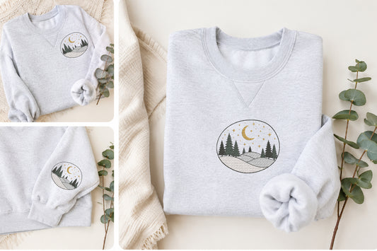 Moonlit Winter Embroidery Design – Beautiful Winter Moon Machine Embroidery Pattern, Snowy Night & Nature Embroidery Design