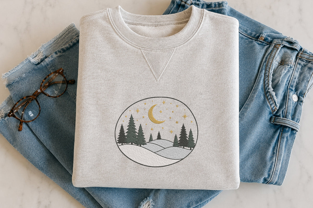 Moonlit Winter Embroidery Design – Beautiful Winter Moon Machine Embroidery Pattern, Snowy Night & Nature Embroidery Design