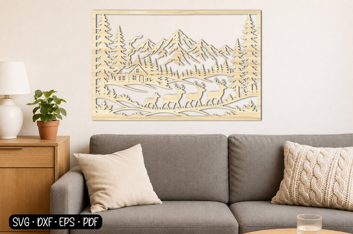 Mountain Deer Forest Wall Art SVG | Deer Landscape Laser Cut Design