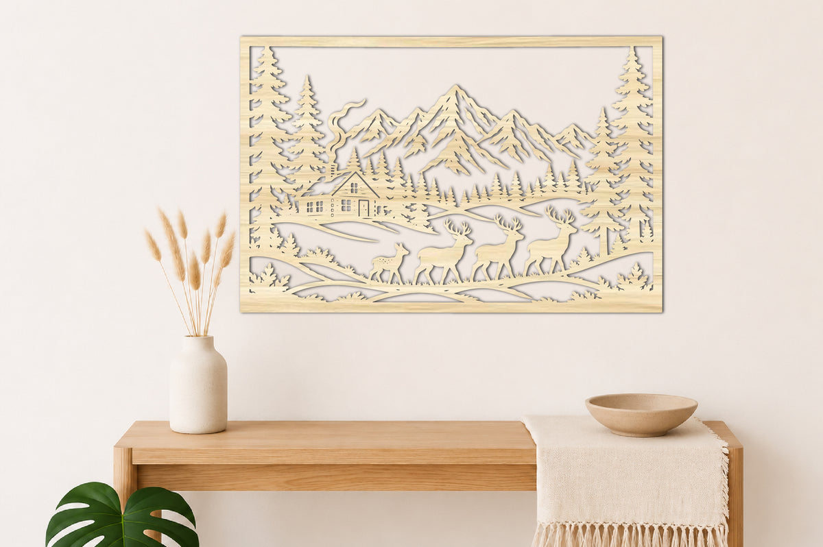 Mountain Deer Forest Wall Art SVG | Deer Landscape Laser Cut Design