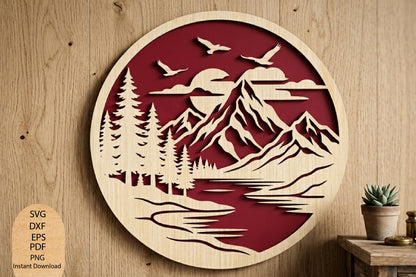 Mountain Lake Landscape Laser Cut SVG, Mountain Forest Scenic Wall Decor