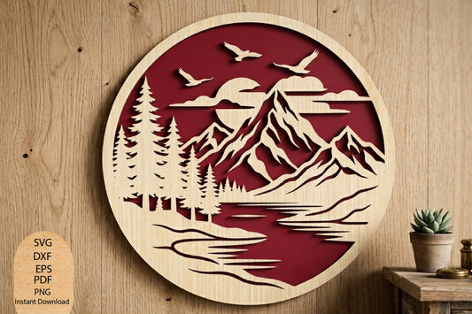 Mountain Lake Landscape Laser Cut SVG, Mountain Forest Scenic Wall Decor