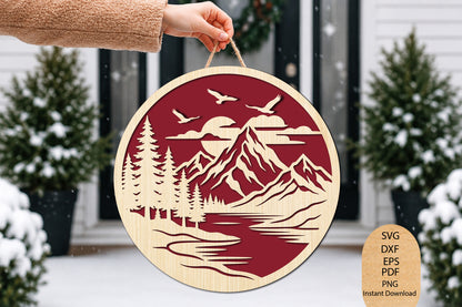 Mountain Lake Landscape Laser Cut SVG, Mountain Forest Scenic Wall Decor