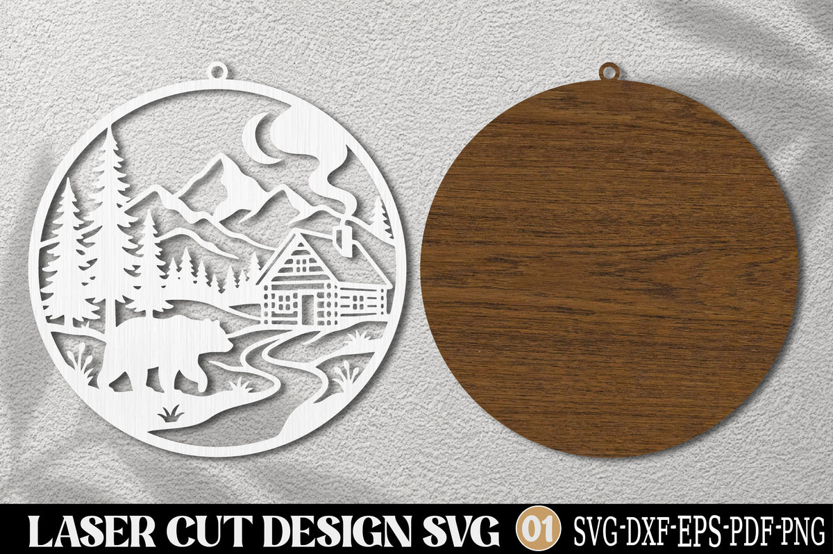 Mountain Cabin Christmas Ornament SVG | Winter Landscape Laser Cut Design